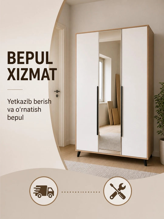 120×200×50 sm o‘lchamli 3 eshikli ko‘zguli shkaf, LDSP, E1