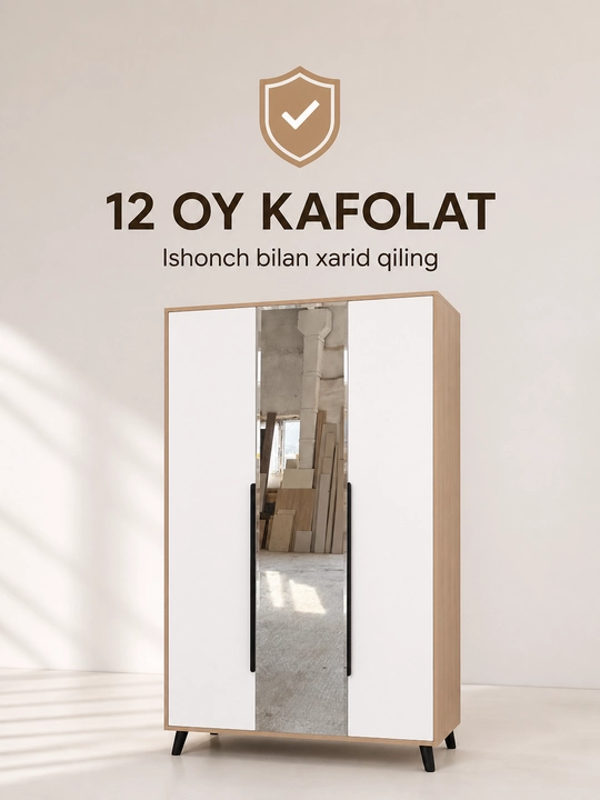 120×200×50 sm o‘lchamli 3 eshikli ko‘zguli shkaf, LDSP, E1