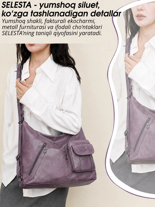 Ayollar sumkasi SELESTA, 3 tasi 1 da transformer, xobo, tout, ryukzak, A4, ekocharm