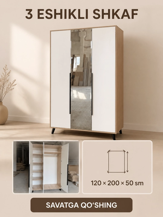 120×200×50 sm o‘lchamli 3 eshikli ko‘zguli shkaf, LDSP, E1