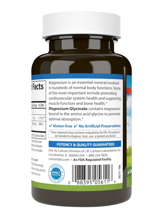 Magniy glitsinat xelati, Carlson, Chelated Magnesium Glycinate, 200 mg, AQSH