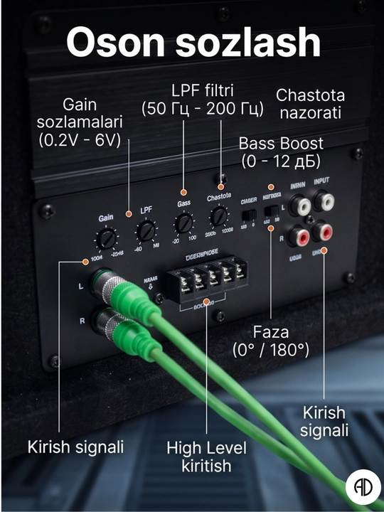 Avtomobil uchun faol sabvufer AMP 12" (30 sm) o'rnatilgan kuchaytirgich bilan, 650 Vt