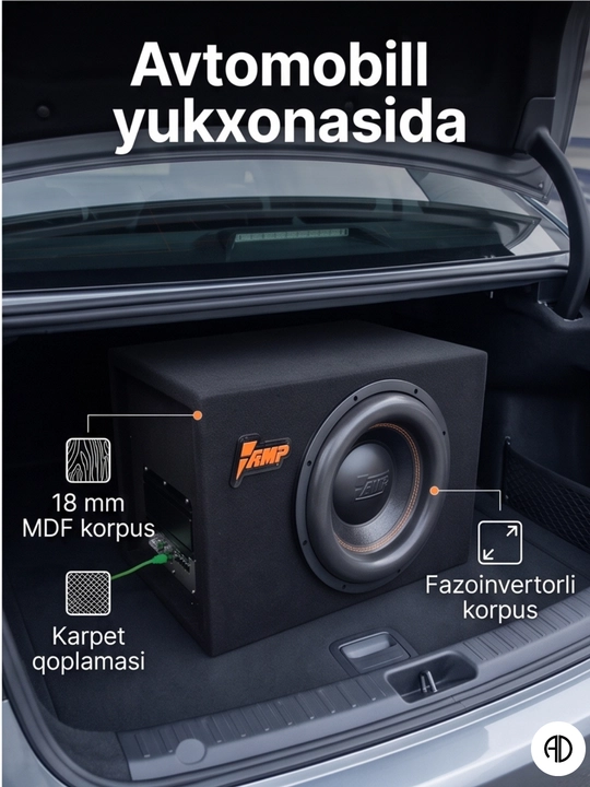 Avtomobil uchun faol sabvufer AMP 12" (30 sm) o'rnatilgan kuchaytirgich bilan, 650 Vt