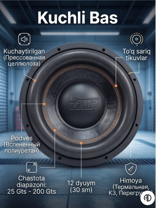 Avtomobil uchun faol sabvufer AMP 12" (30 sm) o'rnatilgan kuchaytirgich bilan, 650 Vt