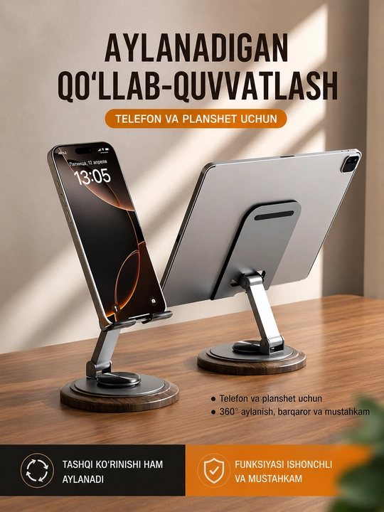 Telefon uchun stol ushlagichi, 360°, sozlanadigan, buklanadigan - 