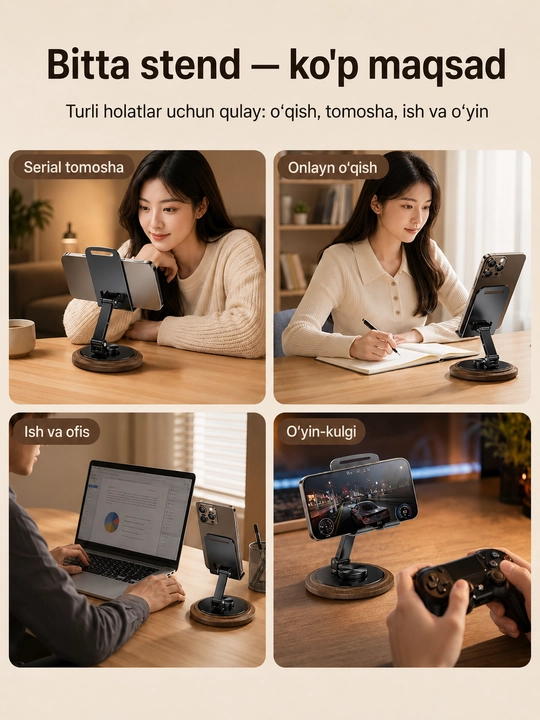 Telefon uchun stol ushlagichi, 360°, sozlanadigan, buklanadigan