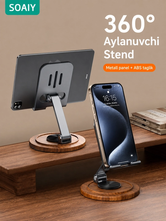Telefon uchun stol ushlagichi, 360°, sozlanadigan, buklanadigan