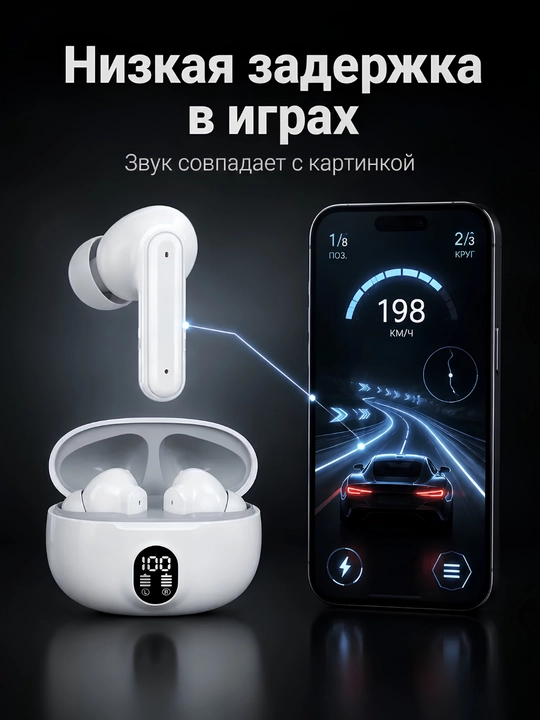 Simsiz quloqchinlar Bluetooth, zaryad displeyli sensorli naushnik iPhone Android uchun