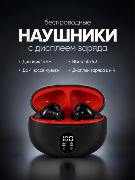 Наушники беспроводные Bluetooth, сенсорные с дисплеем и микрофоном для iPhone Android - 