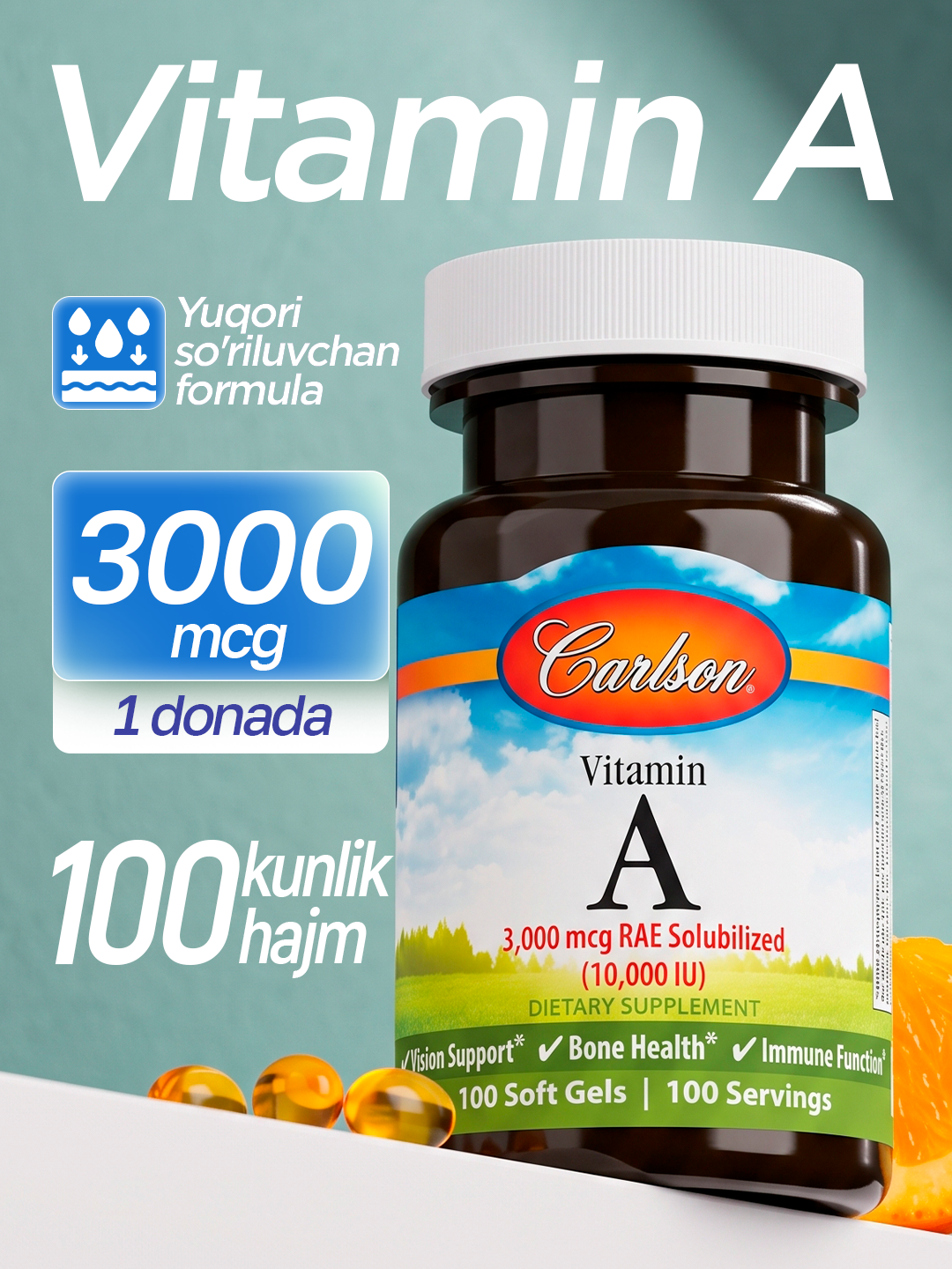 A vitamini, Carlson, Vitamin A, 3000 mkg, ko'z va immunitet uchun vitamin AQSH - 