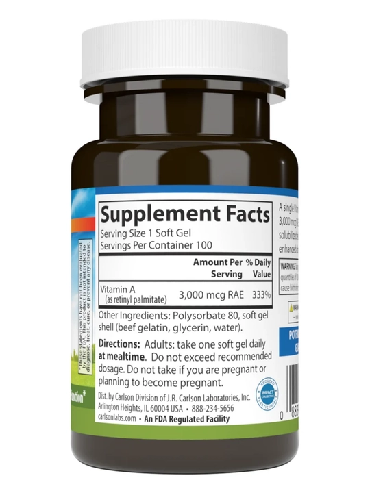 A vitamini, Carlson, Vitamin A, 3000 mkg, ko'z va immunitet uchun vitamin AQSH