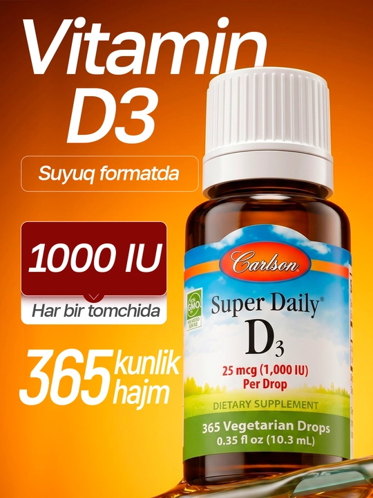 Vitamin D3, suyuq shaklda, Carlson, Liquid Vitamin D3, 1000 IU, AQSH - 