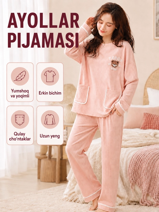 Ayollar pijamasi shimli, yumshoq uy kiyimi, cho‘ntak va uzun yengli kostyum yumshoq pijama