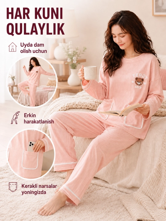 Ayollar pijamasi shimli, yumshoq uy kiyimi, cho‘ntak va uzun yengli kostyum yumshoq pijama