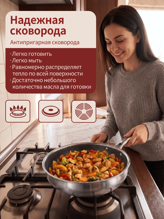Сковорода антипригарная со стеклянной крышкой, размеры 24, 28 см