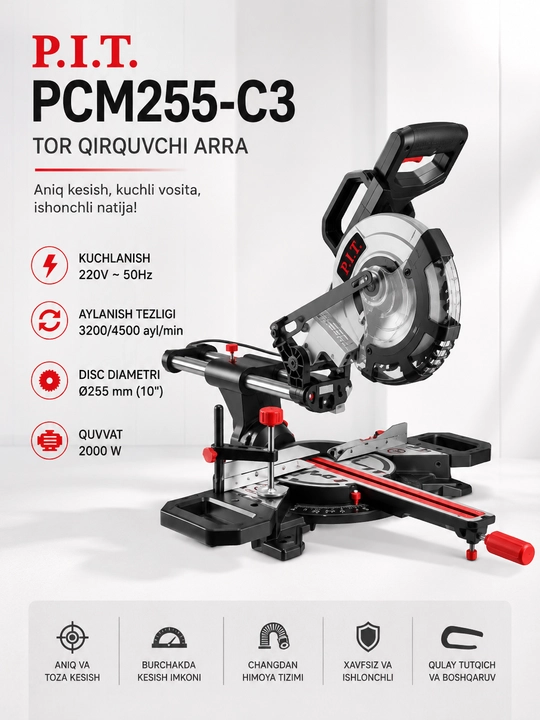Торцовочная пила P.I.T. PCM255-C3, 2000Вт, 255мм, для дерева - 