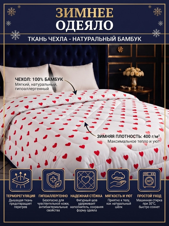 Одеяло зимнее бамбуковое гипоаллергенное, ткань бамбук (150х220, 200х220) - 