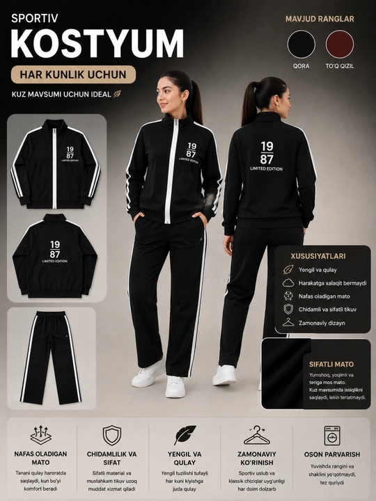 Ayollar sport kastyumi, dvoyka, keng bichimli shim, razmerlari standart