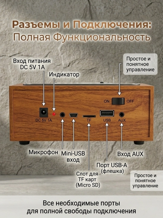 Ретро колонка XM-5H: беспроводная деревянная акустика с bluetooth и FM радиo, колонка