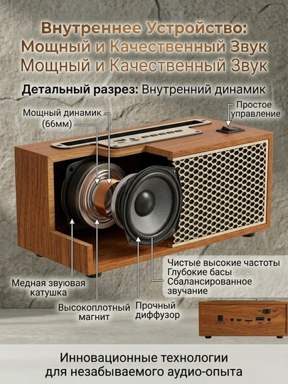 Ретро колонка XM-5H: беспроводная деревянная акустика с bluetooth и FM радиo, колонка
