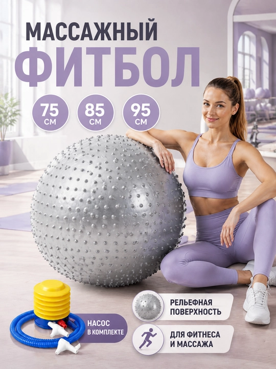 Массажный фитбол с шипами 75/85/95 см, гимнастический мяч с насосом - 