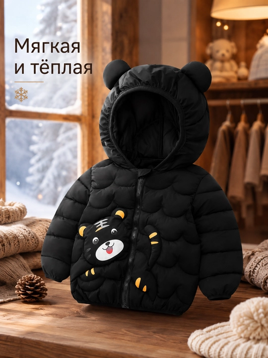Куртка детская, с капюшоном и ушками, легкий пуховик, для мальчиков и девочек