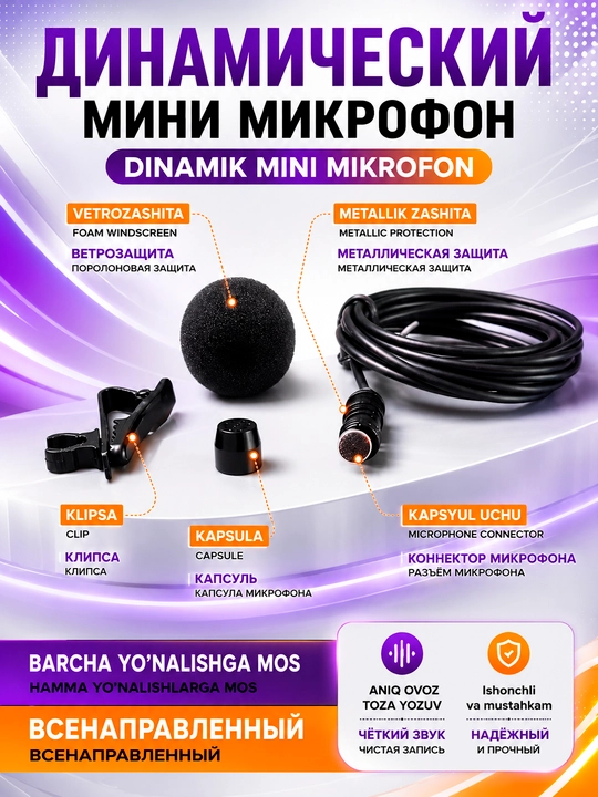 Simli mikrofon 3,5 mm Mini Jack, telefon, kompyuter va noutbuk uchun universal mikrofon