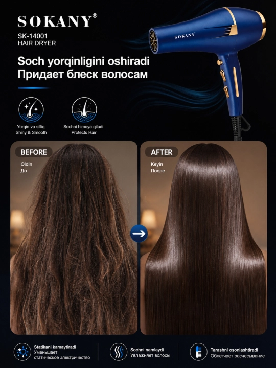 SOKANY Qo'shimchali fen SK-14001, sochlarni quritish va shakllantirish uchun, professional