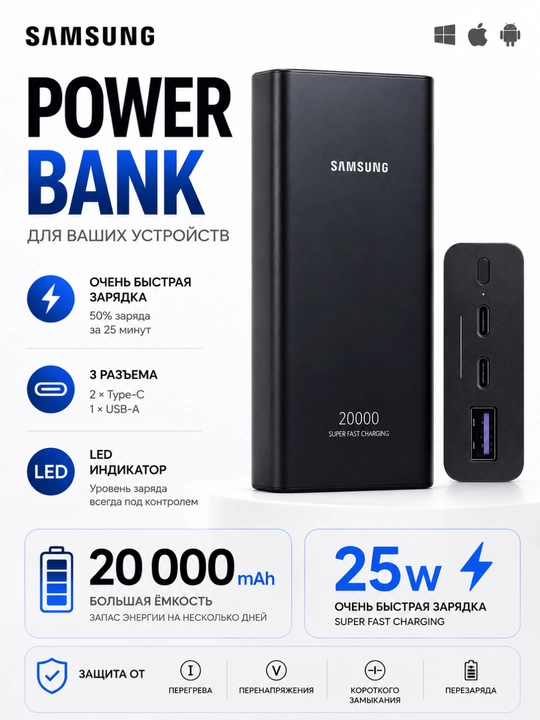 Samsung EB-P5300 Power Bank 20 000 mAh, 25W PD, 3 Port - 