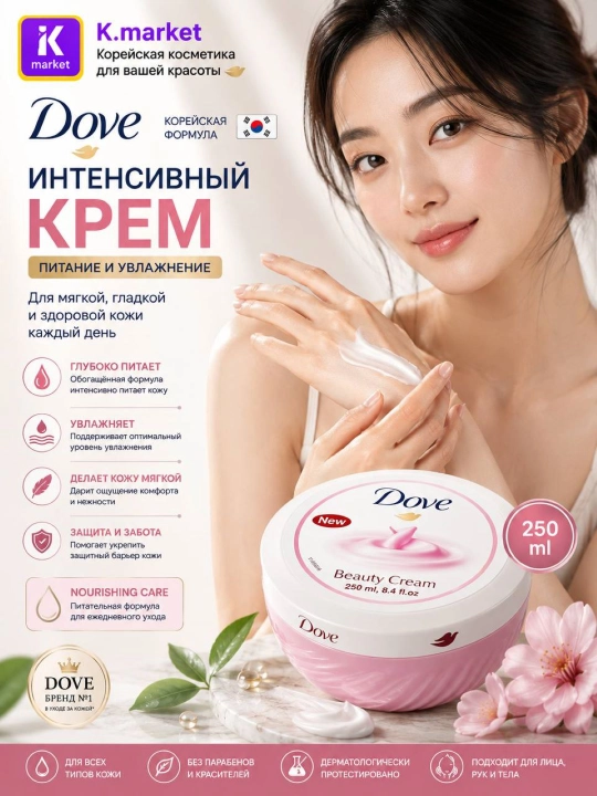 Dove Intensive Cream питательный крем для лица и тела, для всех типов кожи, 250 мл