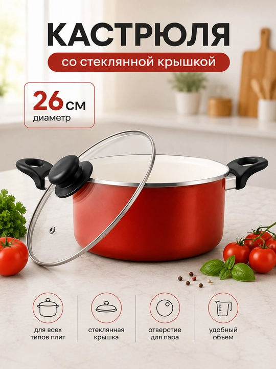 Кастрюля со стеклянной крышкой, 26 см, красная, для всех типов плит - 