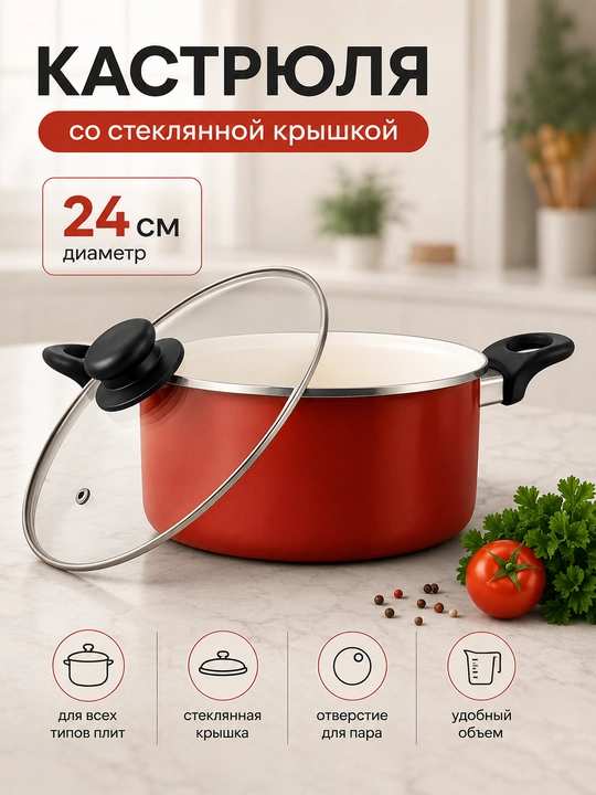 Кастрюля со стеклянной крышкой, 26 см, красная, для всех типов плит