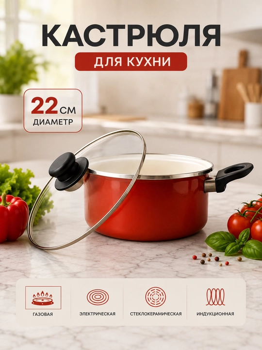 Кастрюля со стеклянной крышкой, 26 см, красная, для всех типов плит