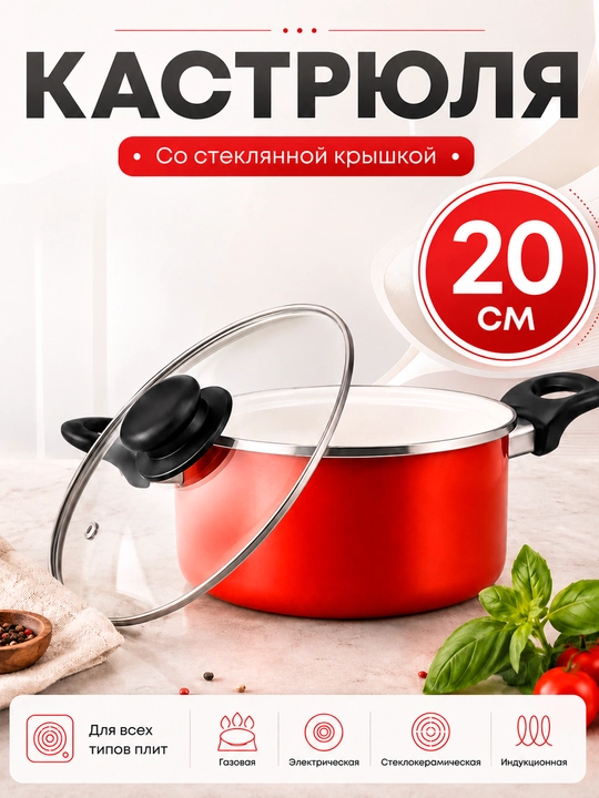 Кастрюля со стеклянной крышкой, 26 см, красная, для всех типов плит