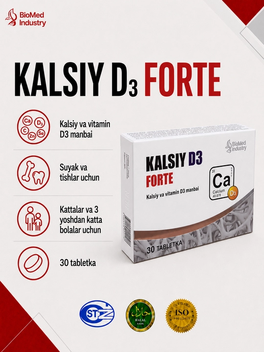 KALSIY D3 FORTE — suyaklar va tishlar uchun kalsiy hamda D3 vitamini, 30 tabletka - 