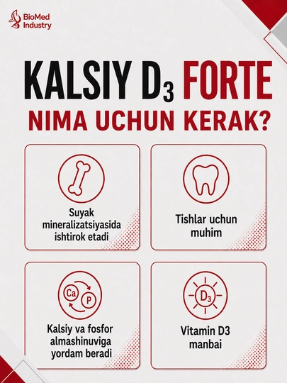 KALSIY D3 FORTE — suyaklar va tishlar uchun kalsiy hamda D3 vitamini, 30 tabletka