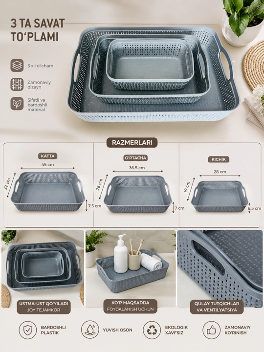 3 ta plastik savat to‘plami – oshxona, hammom va uy uchun oson organizer, tartibli saqlash - 