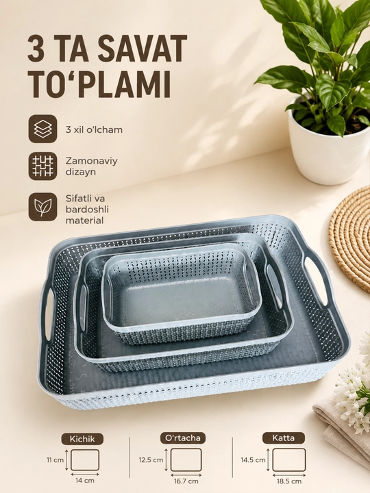 3 ta plastik savat to‘plami – oshxona, hammom va uy uchun oson organizer, tartibli saqlash