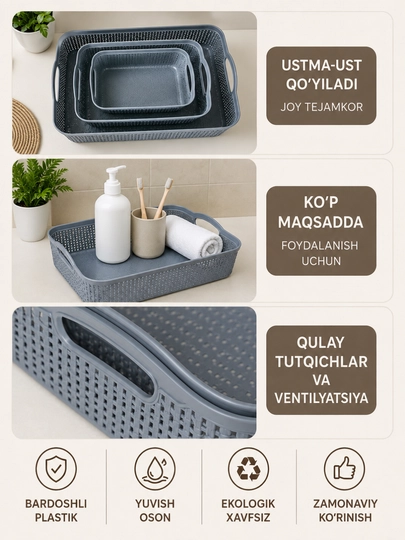 3 ta plastik savat to‘plami – oshxona, hammom va uy uchun oson organizer, tartibli saqlash