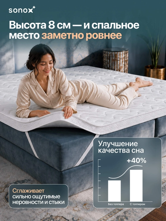 SONOX Extra Protect Plus 8 sm matras-topper / anatomik ko‘pik / jakkard g‘ilofi