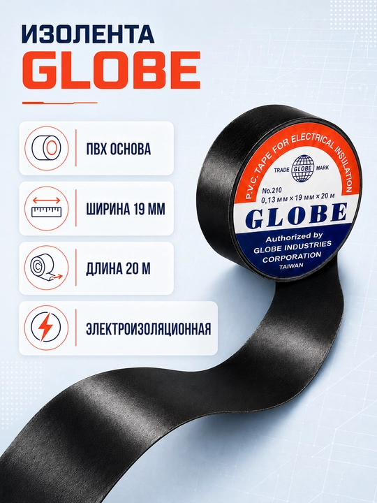 Изолента ПВХ Globe черная 19 мм 20 м, электроизоляционная