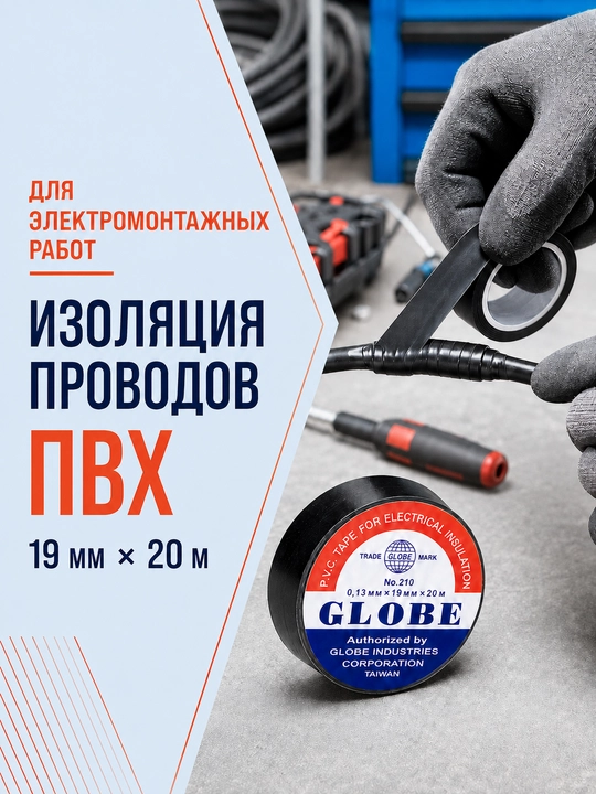 Изолента ПВХ Globe черная 19 мм 20 м, электроизоляционная