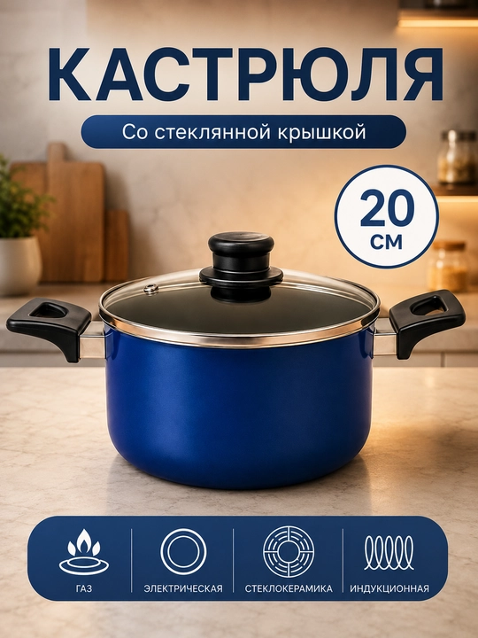 Кастрюля со стеклянной крышкой, 26 см, синяя, для всех типов плит