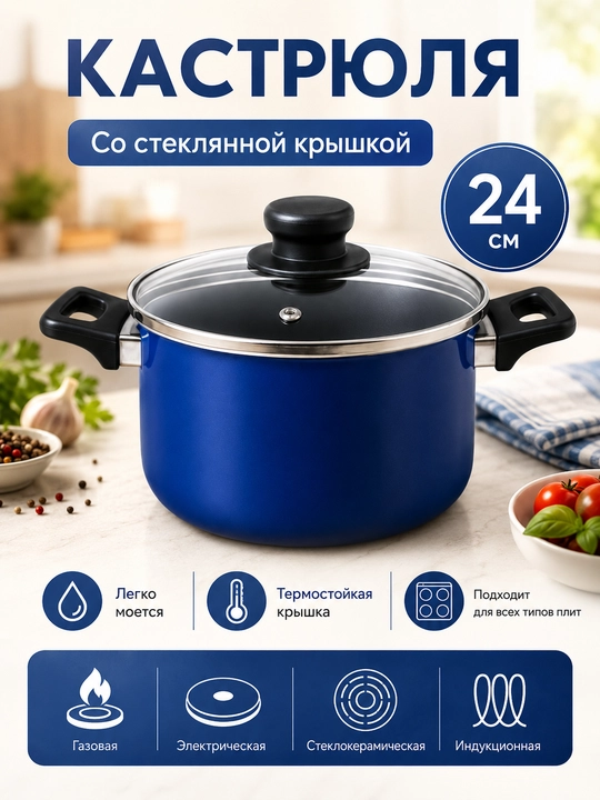 Кастрюля со стеклянной крышкой, 26 см, синяя, для всех типов плит - 