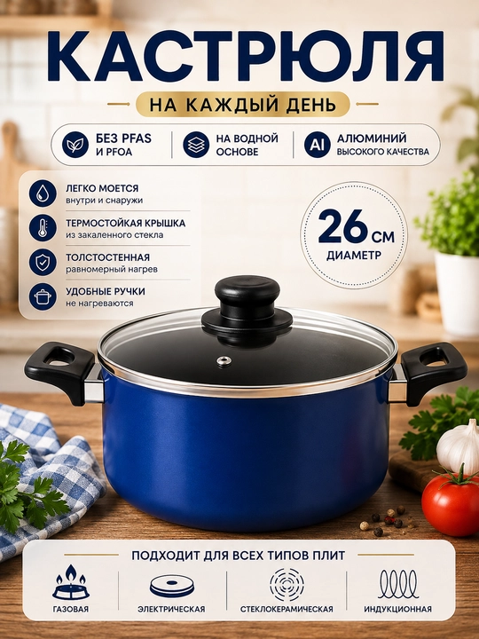Кастрюля со стеклянной крышкой, 26 см, синяя, для всех типов плит