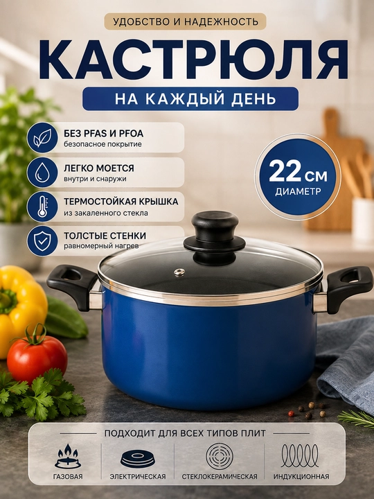 Кастрюля со стеклянной крышкой, 26 см, синяя, для всех типов плит