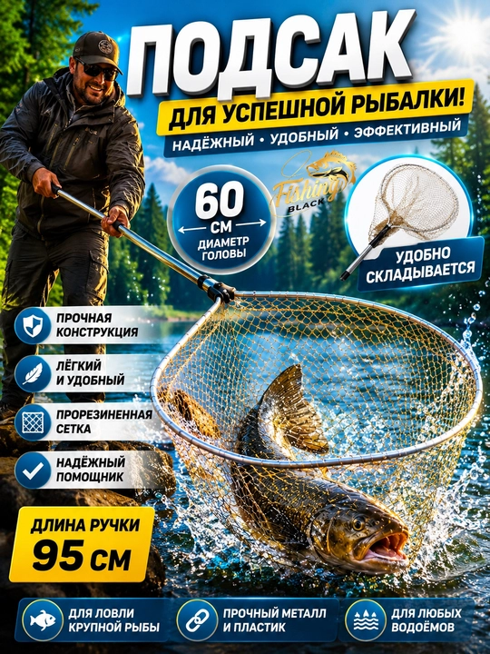 Подсак рыболовный телескопический складной сачок для рыбалки - 