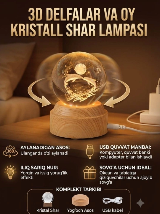 3D Kristal sharli LED tungi chiroq, o‘zi aylanadigan, bolalar uchun dekorativ yoritgich - 
