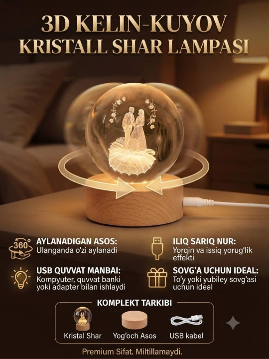 3D Kristal sharli LED tungi chiroq, o‘zi aylanadigan, bolalar uchun dekorativ yoritgich - 
