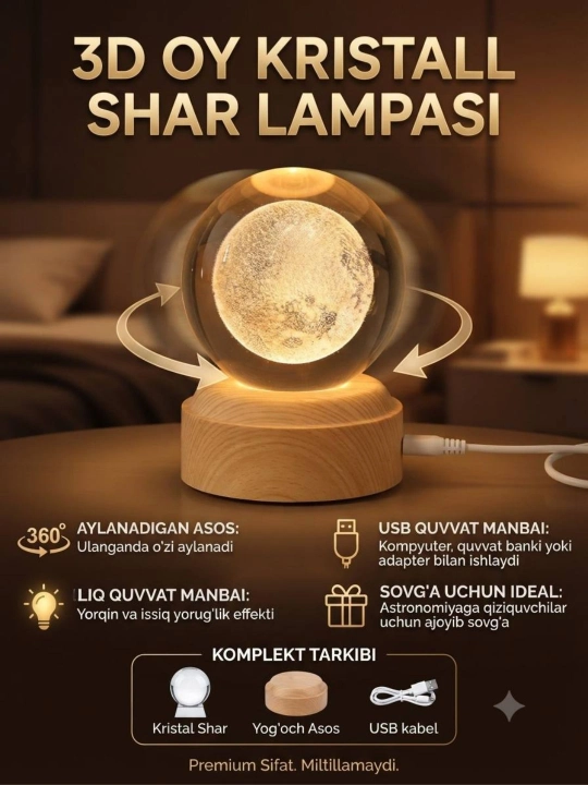 3D Kristal sharli LED tungi chiroq, o‘zi aylanadigan, bolalar uchun dekorativ yoritgich - 